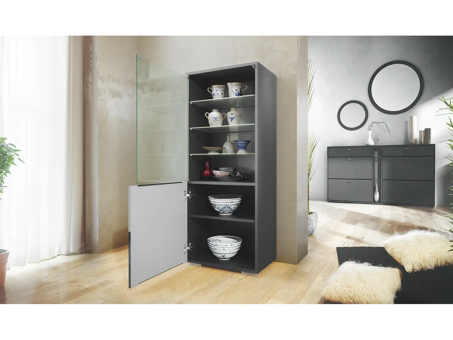 Vitrina Granada de Vladon, Armario Vitrina Made in Germany con Puerta de Cristal e Inserto de Cristal incl. LED, antracita mate/negro mate (50 x 122,5 x 34,5 cm)
