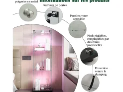 Vitrina individual de 3 niveles, parte trasera negra y acabado transparente