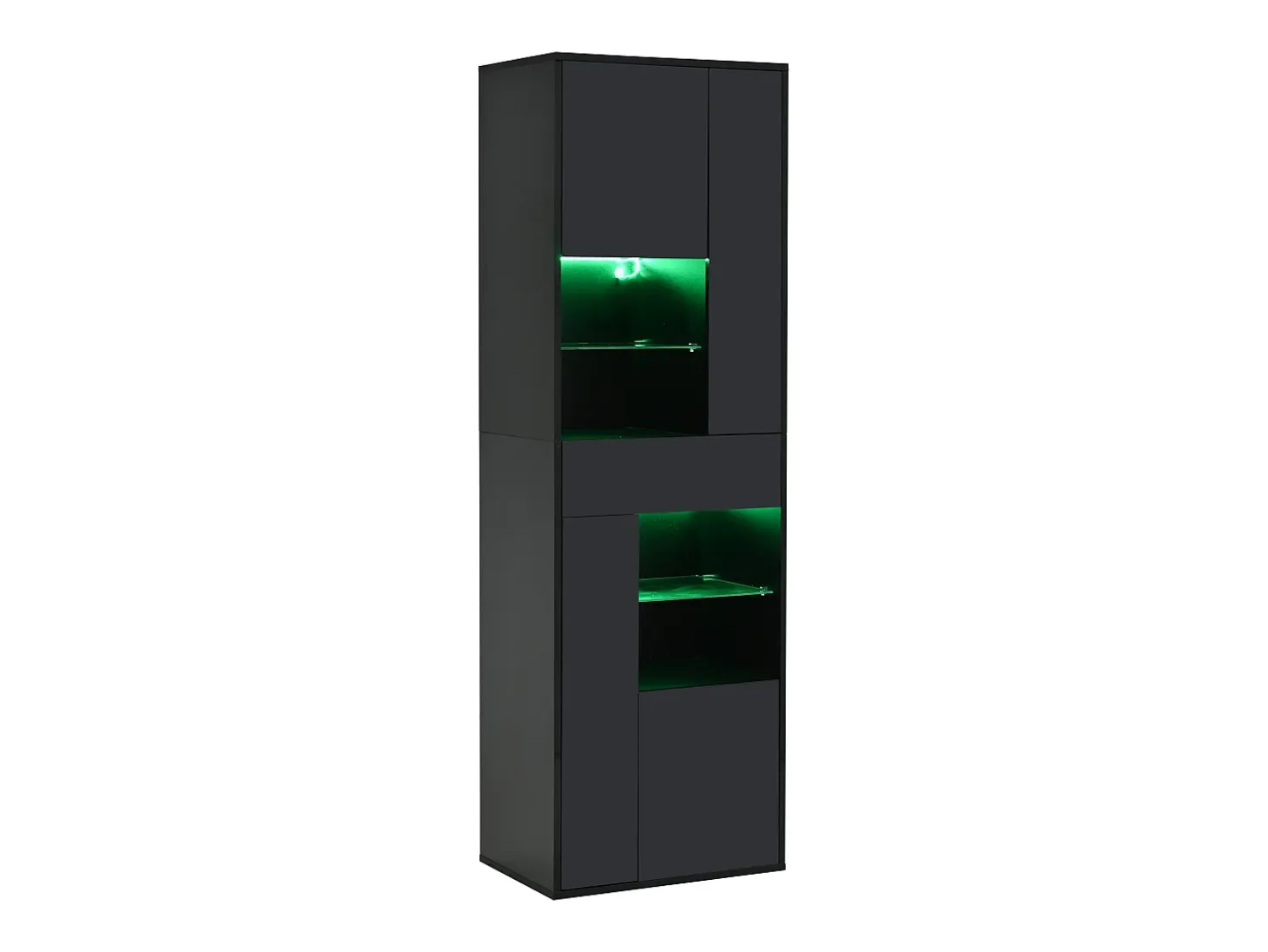 Vitrina LED con 1 cajón de almacenamiento, 4 puertas y estantes de cristal - negra