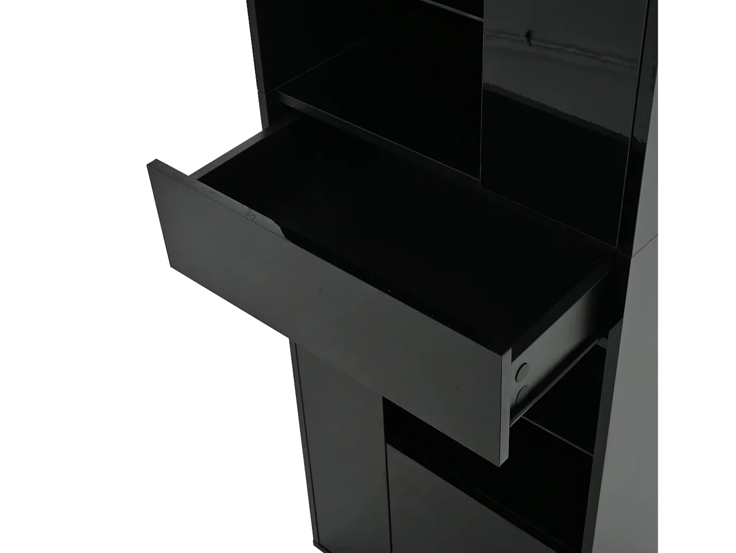 Vitrina LED con 1 cajón de almacenamiento, 4 puertas y estantes de cristal - negra