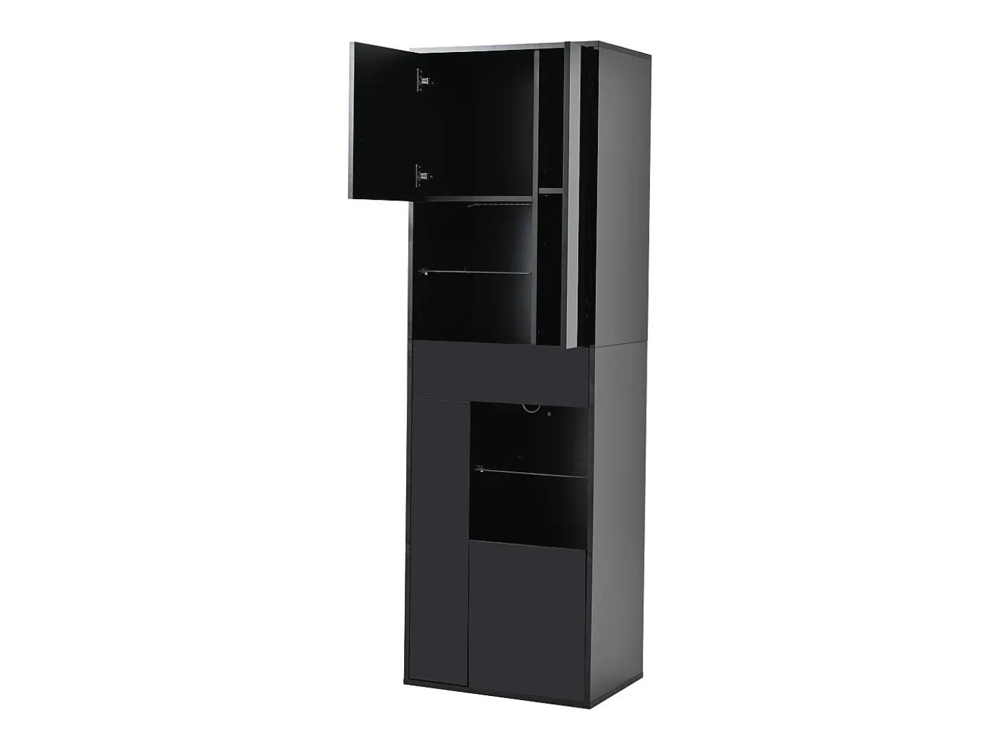 Vitrina LED con 1 cajón de almacenamiento, 4 puertas y estantes de cristal - negra