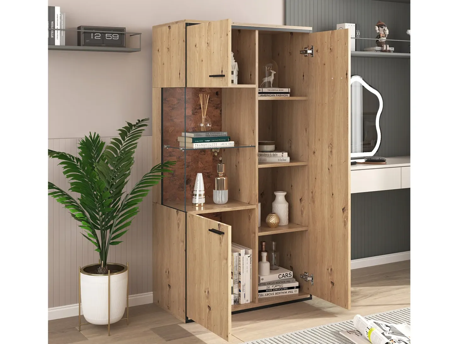 Vitrina LED 150x78x40cm - con gran espacio de almacenamiento puerta de cristal - mueble de presentación - madera natural