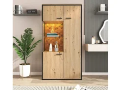 Vitrina LED 150x78x40cm - con gran espacio de almacenamiento puerta de cristal - mueble de presentación - madera natural