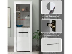 Vitrina moderna con 1 puerta y 1 cajón - LED - 3 estantes - altura 165 cm - blanco brillo