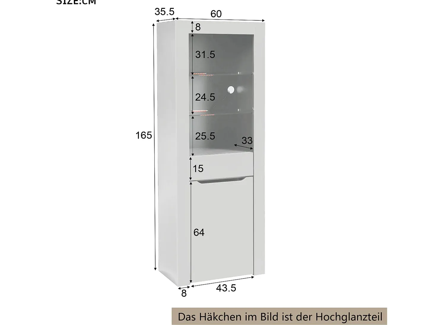 Vitrina moderna con 1 puerta y 1 cajón - LED - 3 estantes - altura 165 cm - blanco brillo