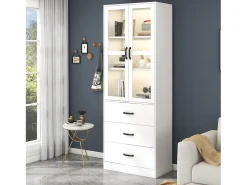 Vitrina moderna con LED, 3 estantes regulables, puertas de cristal, diseño elegante, MDF, blanco (77,5x40x150 cm)