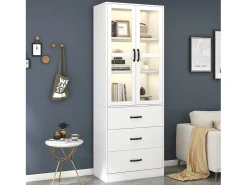 Vitrina moderna con LED, 3 estantes regulables, puertas de cristal, diseño elegante, MDF, blanco (77,5x40x150 cm)