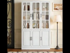 Vitrina moderna de cristal - 121,5 x 41 x 200 cm - con 6 puertas + LED - MDF - blanco