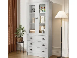 Vitrina moderna 80x34x171 cm - Exterior de madera, puertas de cristal, 3 cajones y tiradores de latón