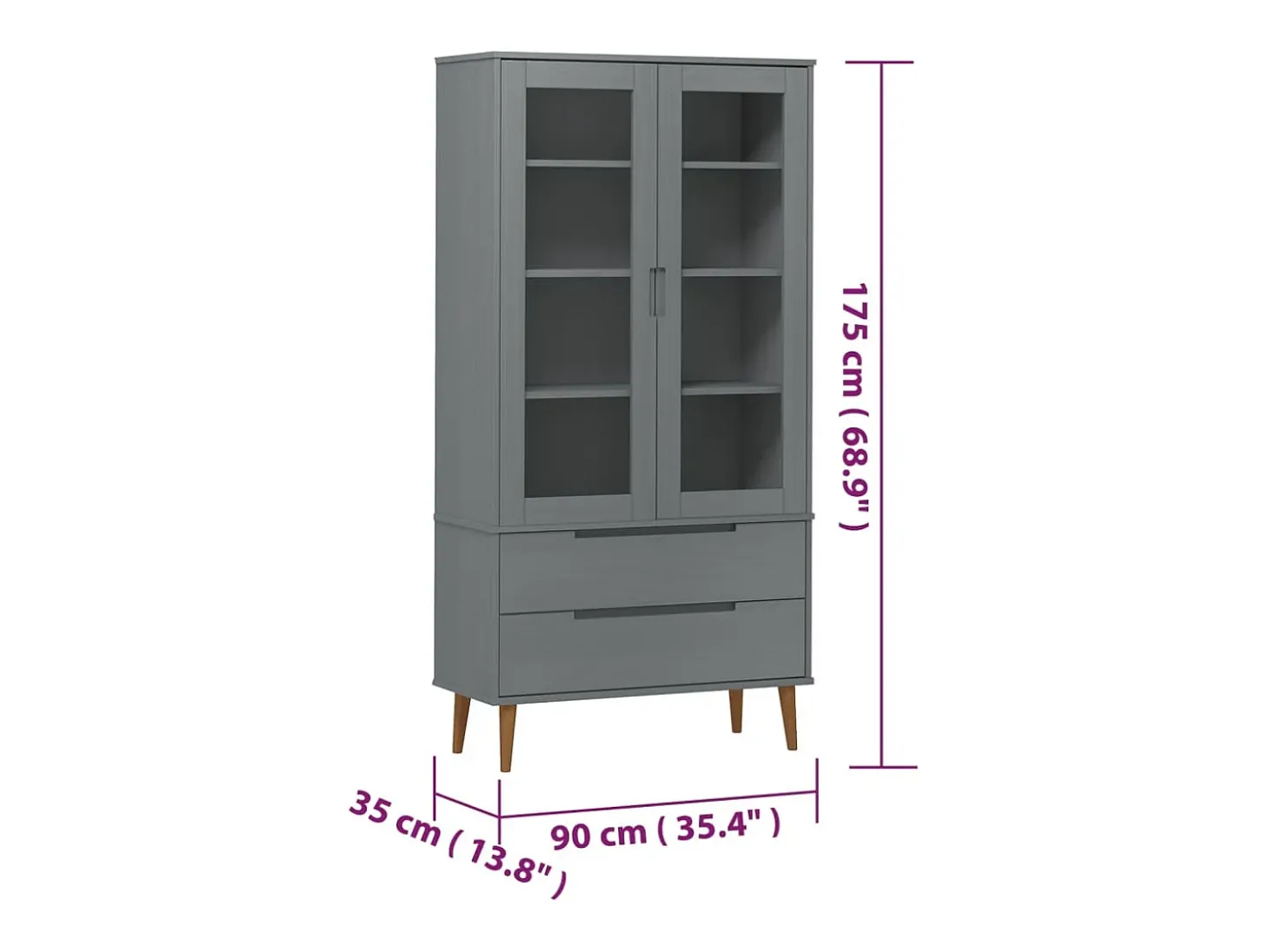 Vitrina MOLDE Gris 90x35x175 cm Madera Maciza de Pino