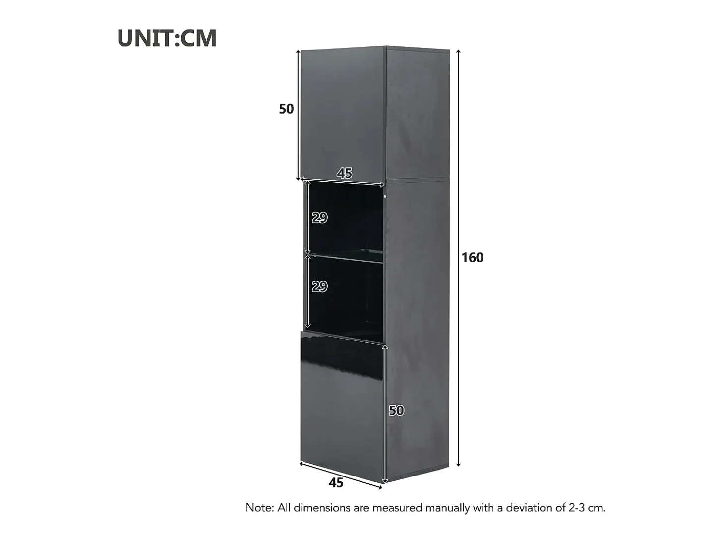 Vitrina negra brillante con iluminación LED - Mueble alto de salón - Mueble de almacenaje - 45x35x160 cm