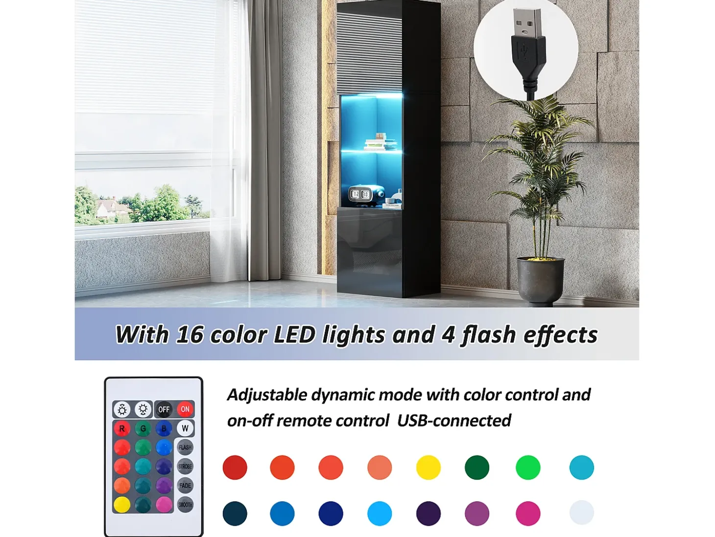 Vitrina negra brillante con iluminación LED - Mueble alto de salón - Mueble de almacenaje - 45x35x160 cm