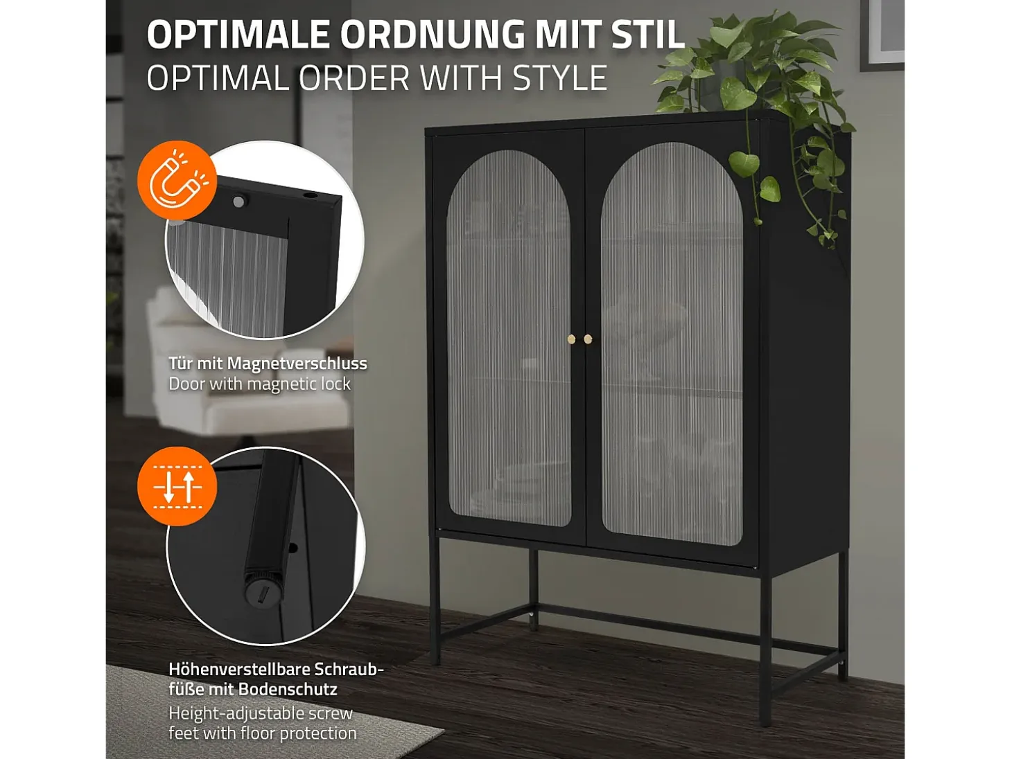 Vitrina negra 85x120x40cm con 2 puertas y 3 cajones, mueble metálico archivador