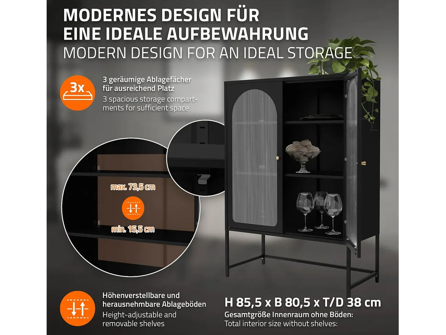 Vitrina negra 85x120x40cm con 2 puertas y 3 cajones, mueble metálico archivador
