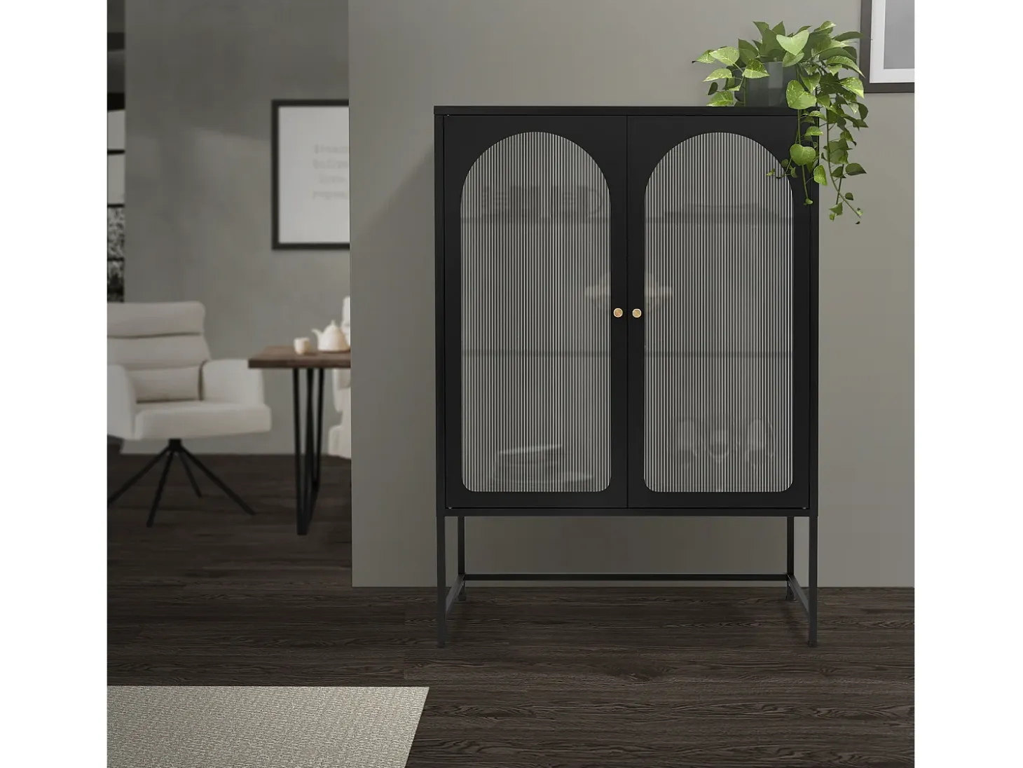 Vitrina negra 85x120x40cm con 2 puertas y 3 cajones, mueble metálico archivador