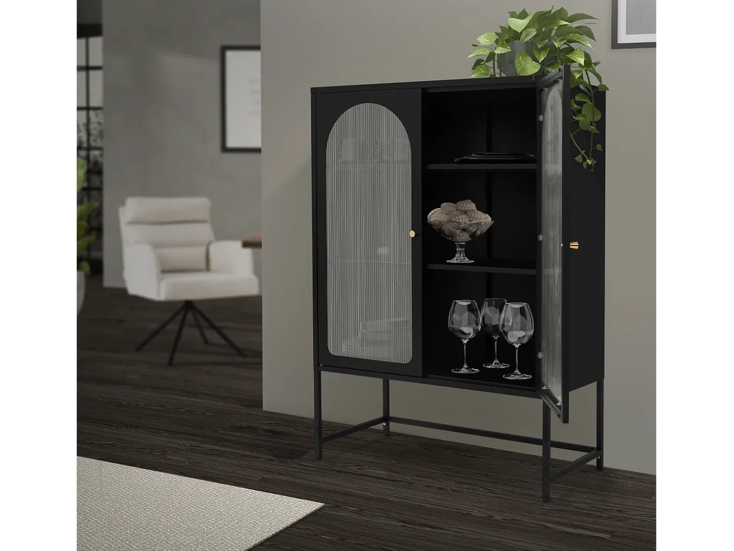 Vitrina negra 85x120x40cm con 2 puertas y 3 cajones, mueble metálico archivador