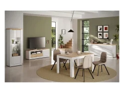 Vitrina SASHA – 2 puertas acristaladas +3 estantes con LED integrado – Blanco lacado y Roble Cadiz