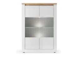 Vitrina SASHA – 2 puertas acristaladas +3 estantes con LED integrado – Blanco lacado y Roble Cadiz