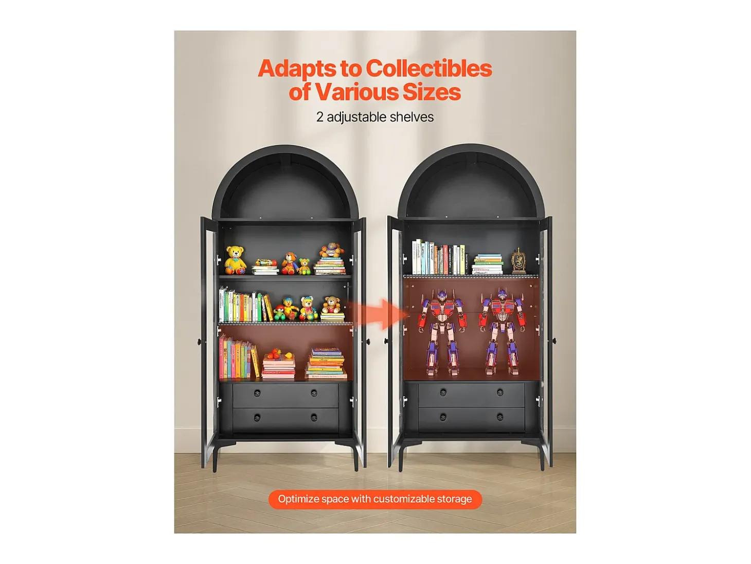 Vitrina SucceBuy para Colección Arqueada con Puertas de Vidrio, Armario de Presentación 179 cm de Alto, Exhibidor para Antigüedades a 4 Niveles con 2 Estantes