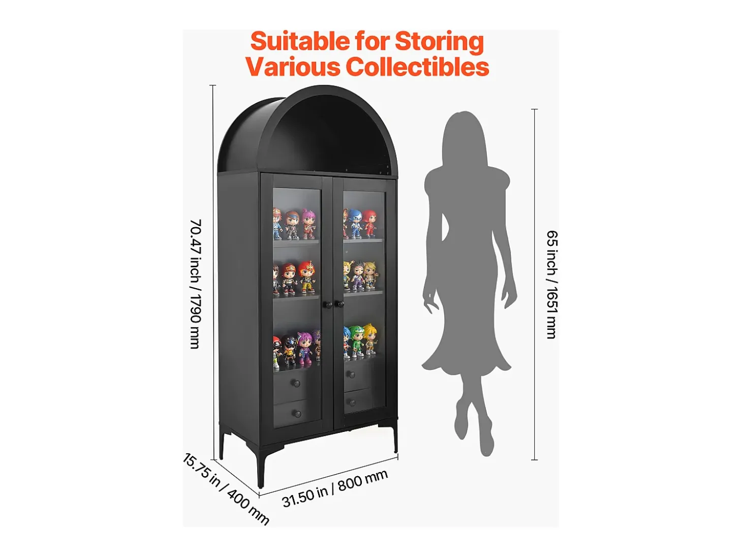 Vitrina SucceBuy para Colección Arqueada con Puertas de Vidrio, Armario de Presentación 179 cm de Alto, Exhibidor para Antigüedades a 4 Niveles con 2 Estantes