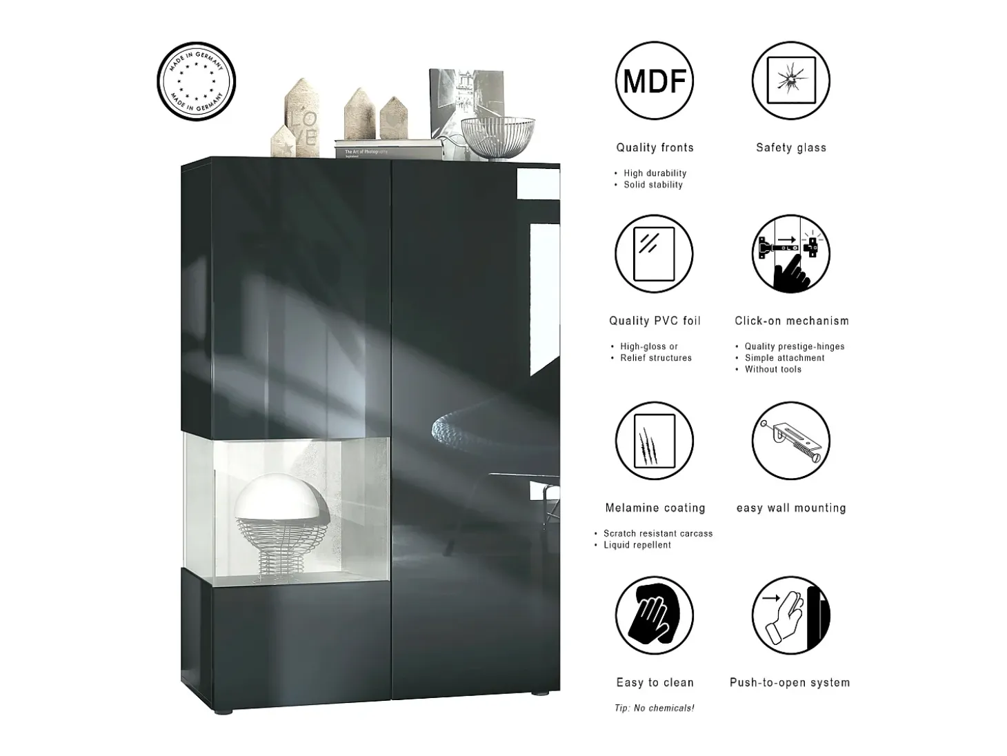 Vitrina Vladon Morena V2, vitrina de pie con 2 puertas e inserción de cristal, carcasa negro mate, frentes negro de alto brillo, Cube burdeos de alto brillo