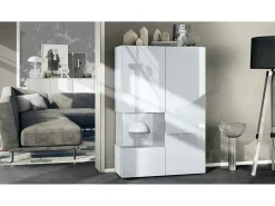 Vitrina Vladon Morena V2, vitrina de pie con 2 puertas e inserción de cristal, carcasa blanco mate, frentes blanco de alto brillo, cubo hormigón oxidado