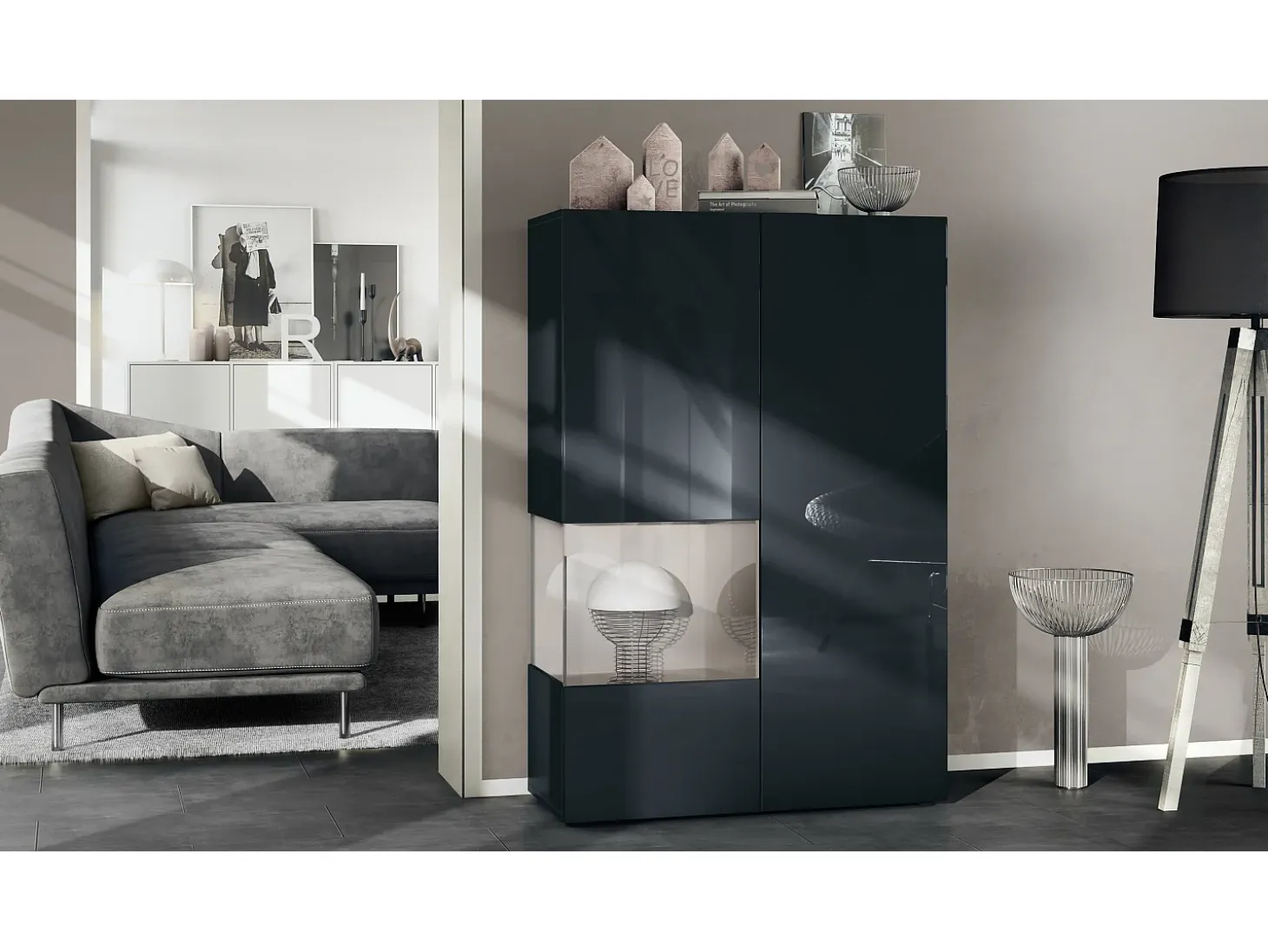 Vitrina Vladon Morena V2, vitrina de pie con 2 puertas e inserción de cristal, carcasa negro mate, frentes negro de alto brillo, Cube gris arena de alto brillo