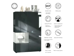 Vitrina Vladon Morena V2, vitrina de pie con 2 puertas e inserción de cristal, carcasa negro mate, frentes negro de alto brillo, Cube blanco mate