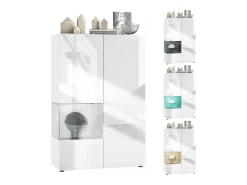 Vitrina Vladon Morena V2, vitrina de pie con 2 puertas e inserción de cristal, carcasa blanco mate, frentes blanco de alto brillo, cubo gris de alto brillo