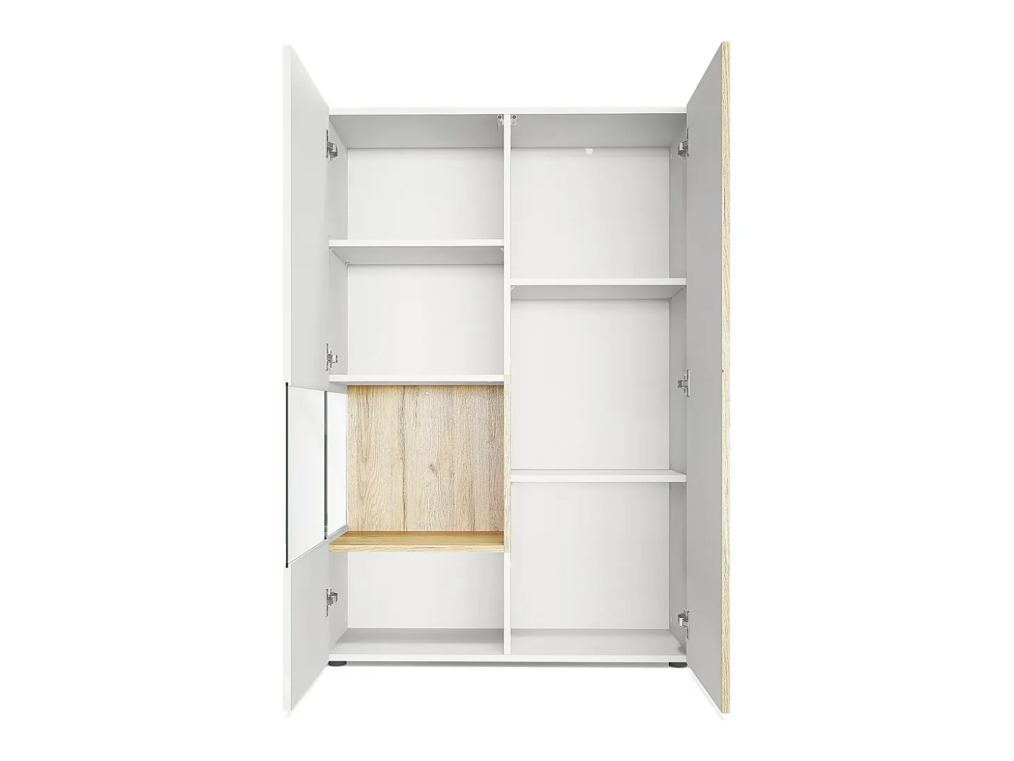 Vitrina Vladon Morena V2, vitrina de pie con 2 puertas e inserción de cristal, carcasa blanco mate, frentes blanco de alto brillo, cubo gris de alto brillo