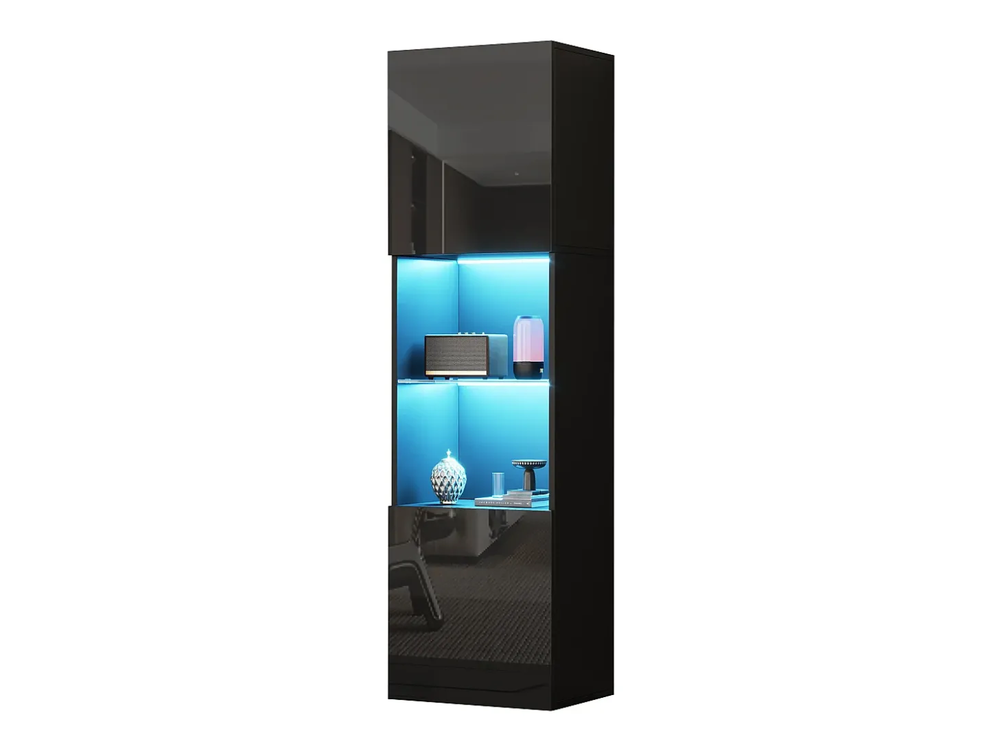 Vitrina 45x35x160 cm - con 2 puertos - con iluminación LED - 1 estante de vidro - Negro