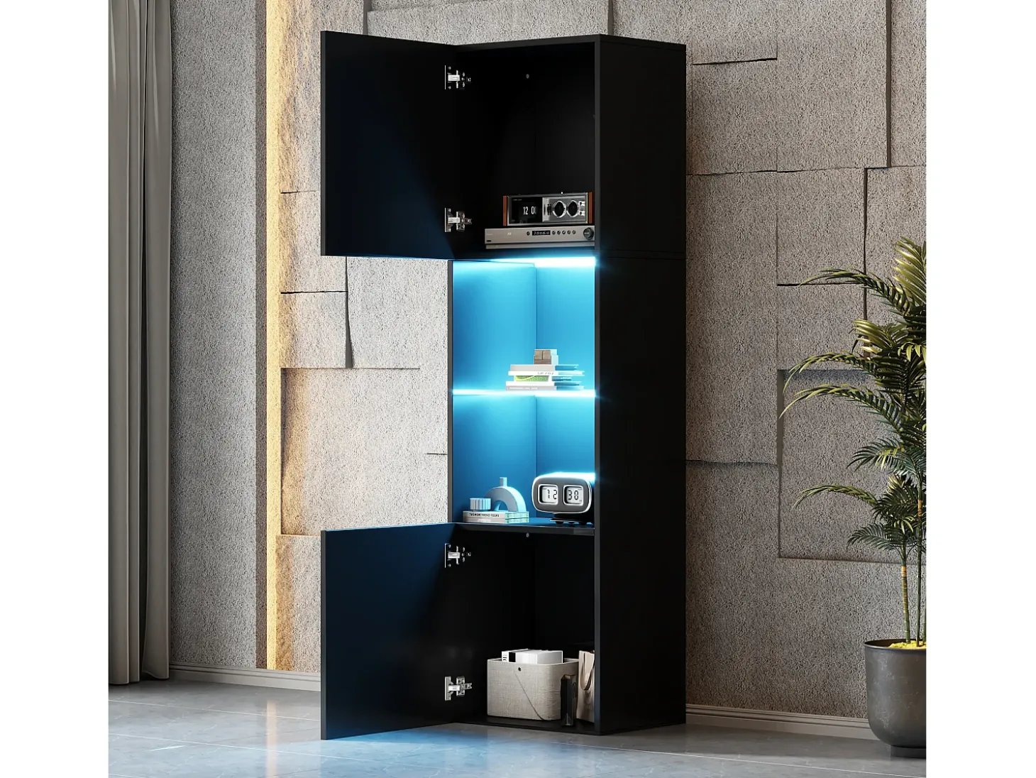 Vitrina 45x35x160 cm - con 2 puertos - con iluminación LED - 1 estante de vidro - Negro