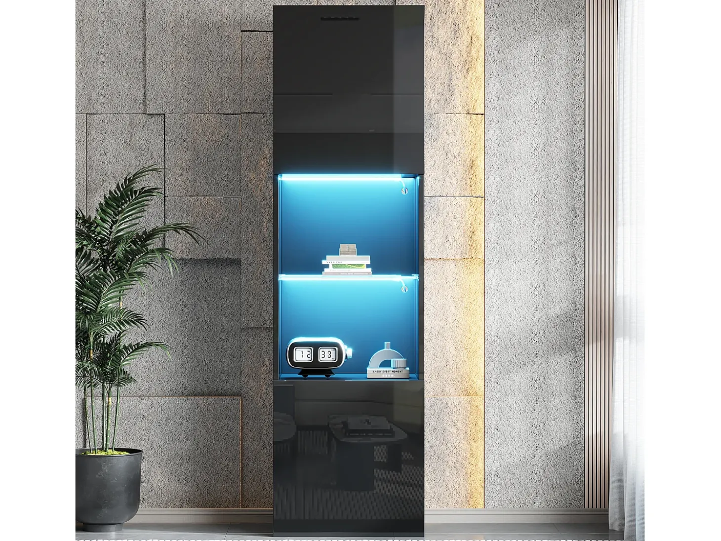 Vitrina 45x35x160 cm - con 2 puertos - con iluminación LED - 1 estante de vidro - Negro