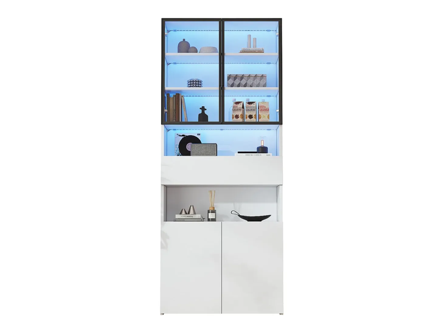 Vitrina 70x30x200cm - con 1 cajón y 4 puertas - con iluminación LED - tableros de partículas - blanco