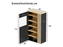 Vitrina 80x40x146cm - con iluminación LED - con 1 puerta - Estantes regulables - Tableros de partículas - Negro + natural