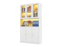 Vitrina/estantería de vidrio 100×35×200 cm - con iluminación LED - estantes abiertos y 6 puertas - MDF - blanco