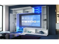 Vladon Mueble de salón Mirage, 2 Puertas, 2 Puertas abatibles y 6 Estantes de cristal abiertos, Blanco mate/Blanco de alto brillo (262 x 183 x 39 cm)