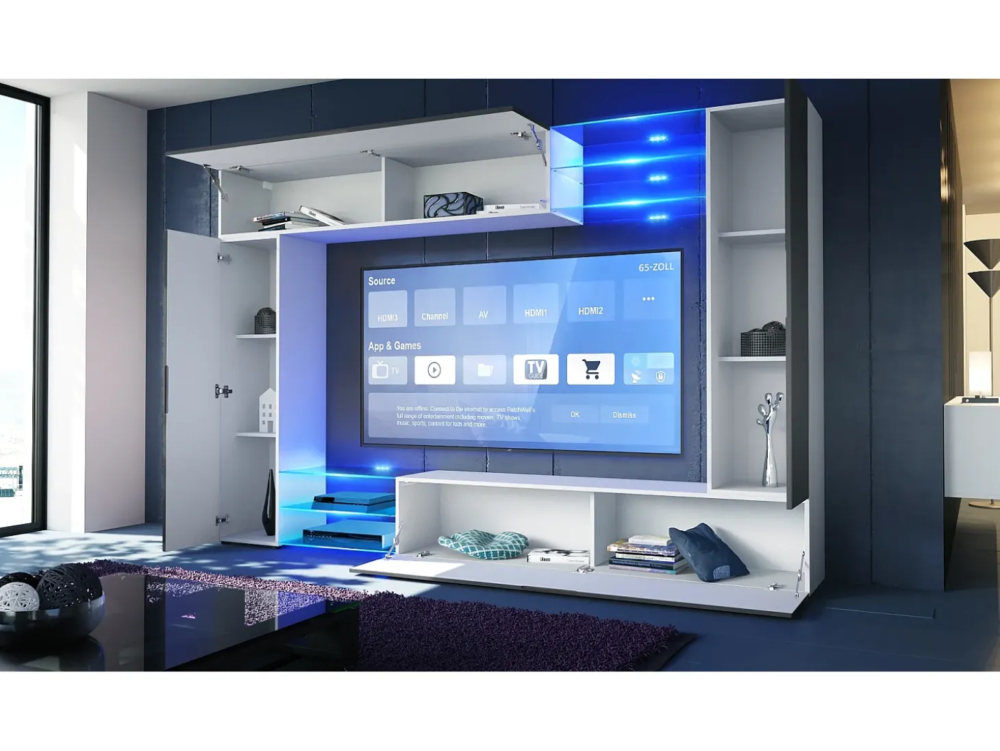 Vladon Mueble de salón Mirage, 2 Puertas, 2 Puertas abatibles y 6 Estantes de cristal abiertos, Blanco mate/Blanco de alto brillo (262 x 183 x 39 cm)