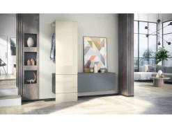 Vladon Mueble recibidor Carlton Set 4, Mueble de entrada compuesto por 1 Perchero, 1 Zapatero, antracita mate/crema de alto brillo (156,5 x 193 x 35 cm)