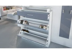 Vladon Mueble recibidor Loret mini, Mueble de entrada compuesto por 1 Zapatero, 1 Espejo de pared y 2 Percheros, Blanco mate/Negro de alto brillo