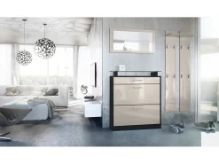 Vladon Mueble recibidor Loret mini, Mueble de entrada compuesto por 1 Zapatero, 1 Espejo de pared y 2 Percheros, Negro mate/Gris arena de alto brillo
