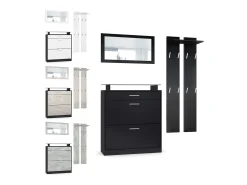 Vladon Mueble recibidor Loret mini, Mueble de entrada compuesto por 1 Zapatero, 1 Espejo de pared y 2 Percheros, Negro mate/Negro de alto brillo