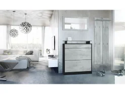 Vladon Mueble recibidor Loret mini, Mueble de entrada compuesto por 1 Zapatero, 1 Espejo de pared y 2 Percheros, Negro mate/Hormigón oxidado