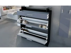Vladon Mueble recibidor Loret mini, Mueble de entrada compuesto por 1 Zapatero, 1 Espejo de pared y 2 Percheros, Negro mate/Hormigón oxidado