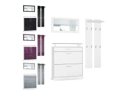 Vladon Mueble recibidor Loret mini, Mueble de entrada compuesto por 1 Zapatero, 1 Espejo de pared y 2 Percheros, Blanco mate/Burdeos de alto brillo