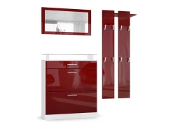 Vladon Mueble recibidor Loret mini, Mueble de entrada compuesto por 1 Zapatero, 1 Espejo de pared y 2 Percheros, Blanco mate/Burdeos de alto brillo