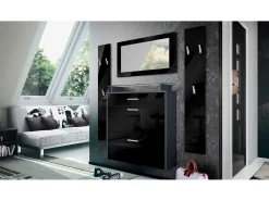 Vladon Mueble recibidor Malea, Mueble de entrada compuesto por 1 Zapatero colgante, 1 Espejo de pared y 2 Percheros, Antracita mate/Negro de alto brillo