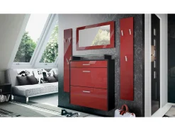 Vladon Mueble recibidor Malea, Mueble de entrada compuesto por 1 Zapatero colgante, 1 Espejo de pared y 2 Percheros, Negro mate/Burdeos de alto brillo