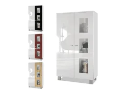 Vladon Vitrina Denjo, Cristalera con 2 Puertas y 3 Estantes de cristal, Blanco mate/Blanco de alto brillo, incluida iluminación LED (71 x 129 x 35 cm)