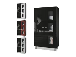 Vladon Vitrina Denjo, Cristalera con 2 Puertas y 3 Estantes de cristal, Negro mate/Negro de alto brillo/Blanco de alto brillo (71 x 129 x 35 cm)